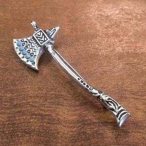 Tomahawk Brooch Vintage Silver-tone w/ Faux Turquoise Engraved Detailing 2.5"
